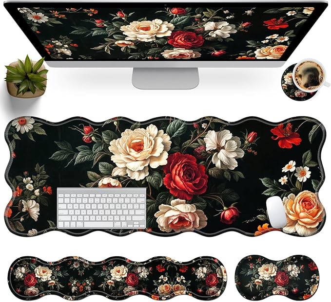 Office Mouse Pad Set with Wrist Support, Large 31.5"x11.8" Desk Mat, Ergonomic Memory Foam Keyboard Wrist Rest, Non-Slip Durable Mouse Pad for Work & Home, Beautiful Flowers