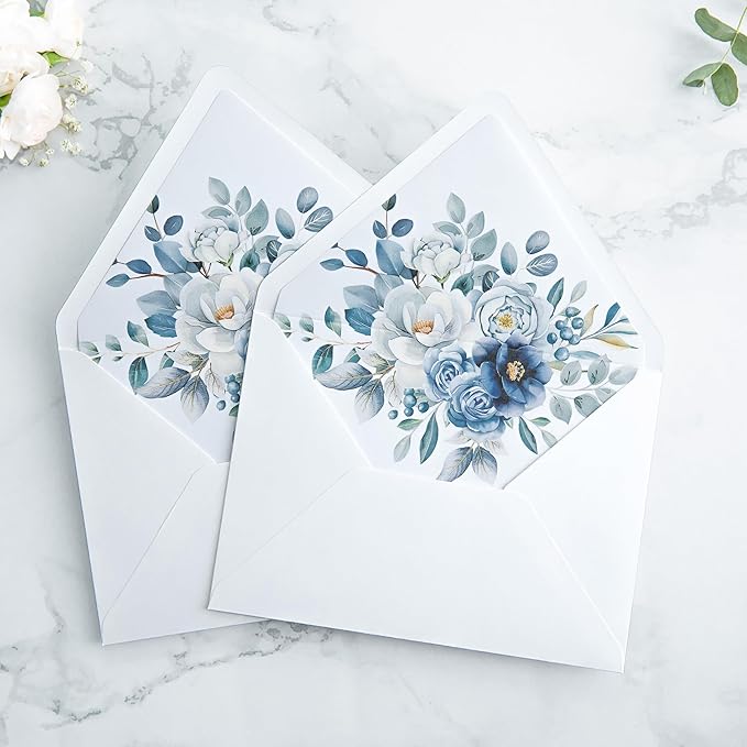 PONATIA 50PCS A7 Euro Flap White Envelope, 5.25 x 7.25'' Dusty Blue Flowers Liner Envelopes for Wedding Invitations, Photos, Postcards, Greeting Cards, Acrylic Mailing, 5x7 Envelopes