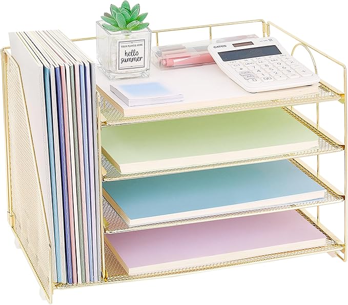 OPNCIE Desk Organizers and Accessories, 4 Tier Paper Letter Tray File Organizer, Desk Accessories Workspace Desktop Organizer for Classroom Office Supplies, Gold