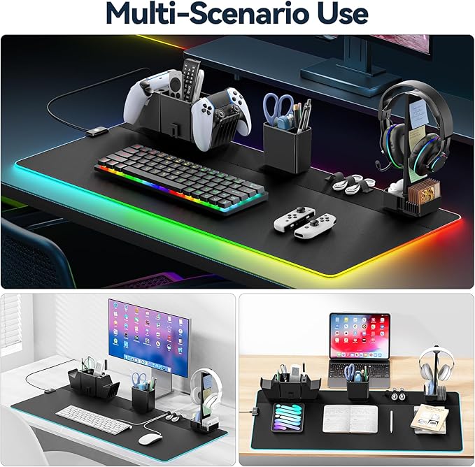 KDD RGB Gaming Mouse Pad with Magnetic Organizer Set - 8 in 1 Desk Keyboard Mat with Desktop Storage for Headset & Controller Stand/Remote Holder/Pen Holder/Cable Management for Gamer Accessory Setup