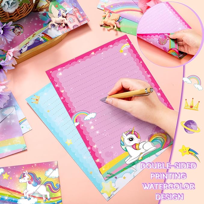 TaoBary 160 Pcs Stationery Paper Set 50 Double Sided Stationery Papers with 50 Matching Envelopes and 60 Round Dot Sticker, 10 Design(Unicorn,8.5 x 11 Inch)