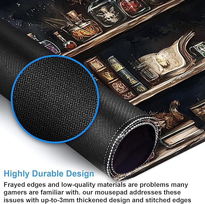 Desk Pad, Black Academia Fantasy Bookshelf Goth Skull XXL Gaming Mouse Pad with Stitched Edges,Non-Slip Waterproof Rubber Base Large Desk Mat for Keyboard and Mouse 35.4"x15.7"