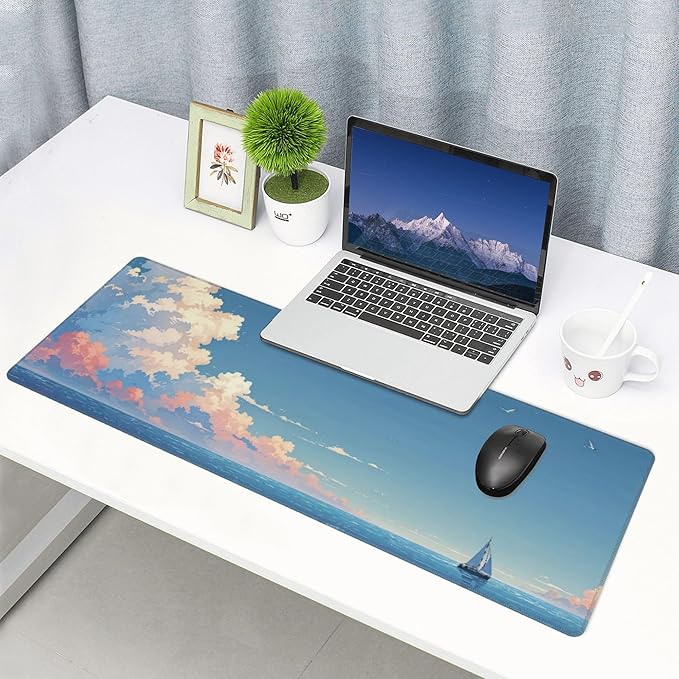 Blue Sky Ocean Large Mouse Pad, Anime Style Gaming Desk Mat, XL Keyboard Desk Pad Mat for Desktop, 31.5"x11.8" Non-Slip Base Big Mousepad with Stitched Edges