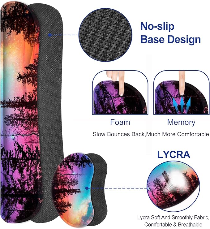 Keyboard Mouse Pad Set, Extended Gaming Mouse Pad +Keyboard Wrist Support +Mouse Wrist Rest +Coaster, 35.4x15.7 in XXL Large Ergonomic Desk Mat 4in1 Set for Home Office, Starry Forest