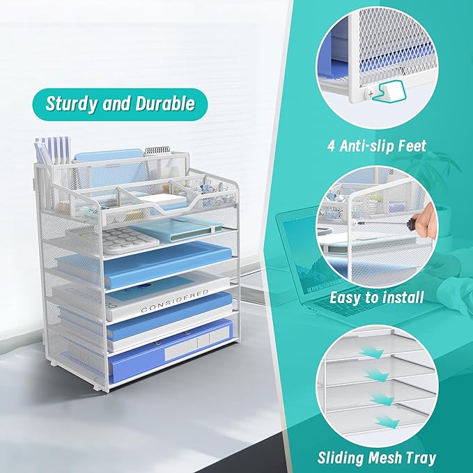 6 Tier Mesh Desk Organizer,Multi Functional Letter Paper Tray with 3 Pen Holders and 5 Adjustable Storage Compartments for Office Supplies Files and Mail Space Saving Desktop Organizer-White