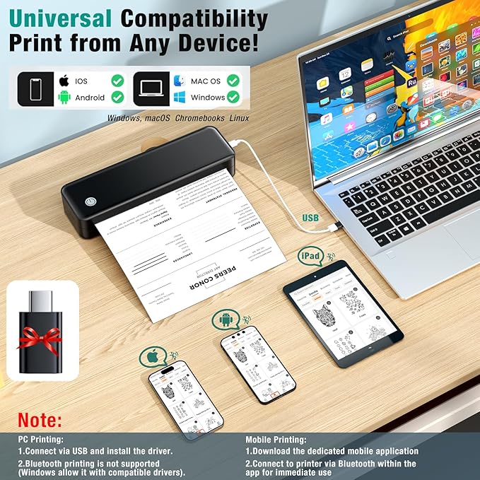 Portable Printer Wireless for Travel, Inkless Thermal Printer Supports 8.5 x 11 Inch Thermal Paper, Bluetooth Compatible with iOS, Android, Laptop Includes 2 Rolls & 10 Sheets of Paper Kit