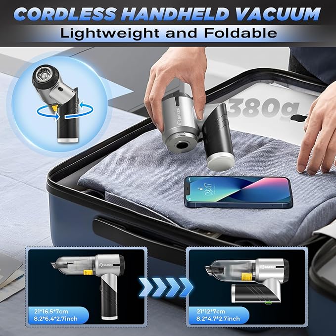 Saker Handheld Car Vacuum Portable Cordless17000PA Mini Vacuums Rechargeable Foldable Vacuum Cleaner with Brushless Motor for Home,Office Pet HL132 Black