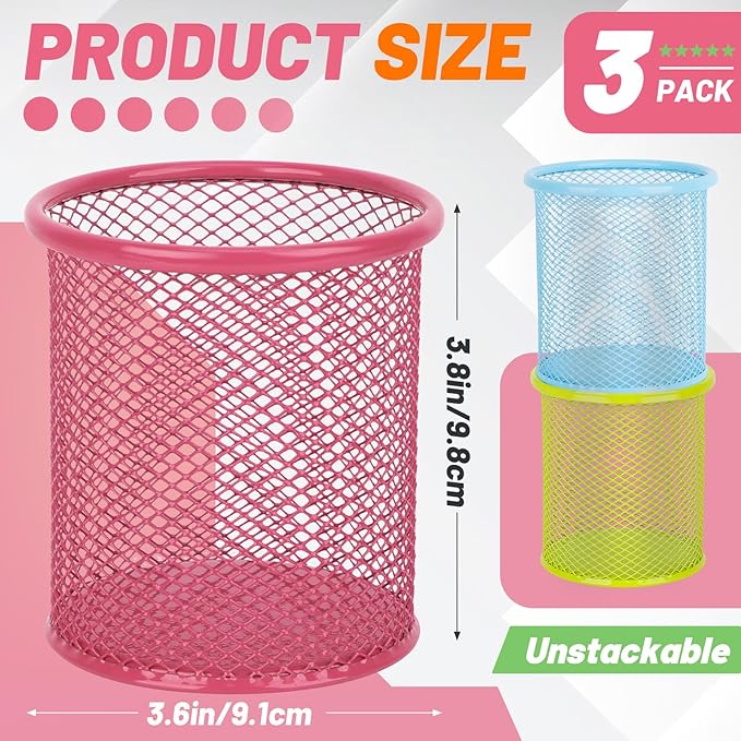 Segarty Pen Cup, 3 Pack Assorted Colors Round Pen Holder for Desk, Wire Mesh Pencil Cups Holder Desktop Accessories Organizer for Office Supplies, School, Home, Makeup Brush (Light Blue Pink Green)