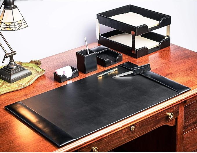 Dacasso Bonded Leather Desk Set - Luxury Leather Desk Pad & Desk Organization Essentials - Office Organization & Executive Desk Decor - (Black, 8 Piece)