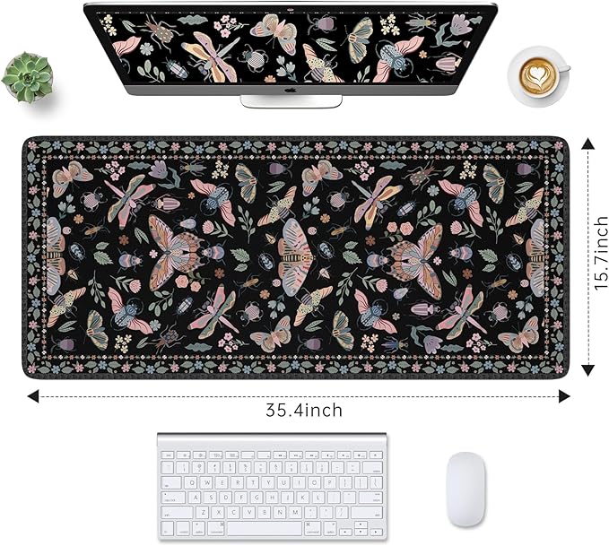 HAOCOO Desk Mouse Pad Cute, Big Mouse Mat for Gaming, Large Mousepad for Desk, Desk Mat for Keyboard and Mouse, Waterproof Desktop pad with Rubber Base, Butterfly Mouse Pad 35.4" X15.7"(Black)