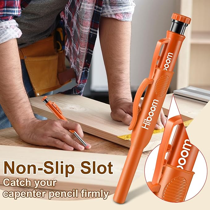 Hiboom 2 Pack Solid Carpenter Pencils with Pencil Cap and 18 Refills, Long Nose Deep Hole Mechanical Pencil Marker, Scribe Tool with Built-in Sharpener for Construction Woodworking Architect (Orange)
