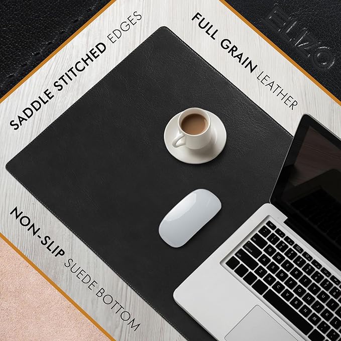 Elizo Leather Desk Mat Desk Pad Blotter Set - Real Full-Grain Leather (32x16) 2-Layer Genuine Desk Cover Protector & Large Mouse Pad | Computer Keyboard Desk Accessories for Office & Home
