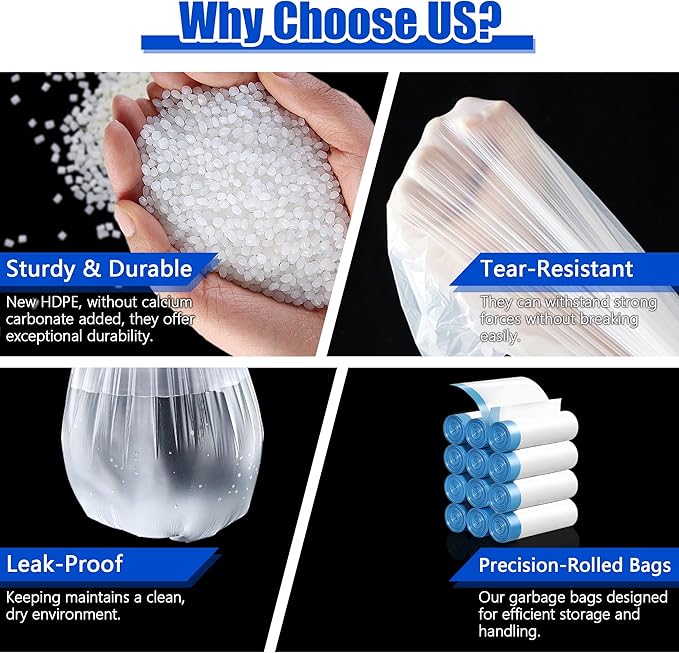 Small Trash Bags 2 Gallon, 360 Count -1.2 Mil Drawstring Mini Garbage Bags, White Plastic Trash Can Liners for Bathroom Accessories, 7.5 Liter, Bedroom, Dorm Room Essentials, Office