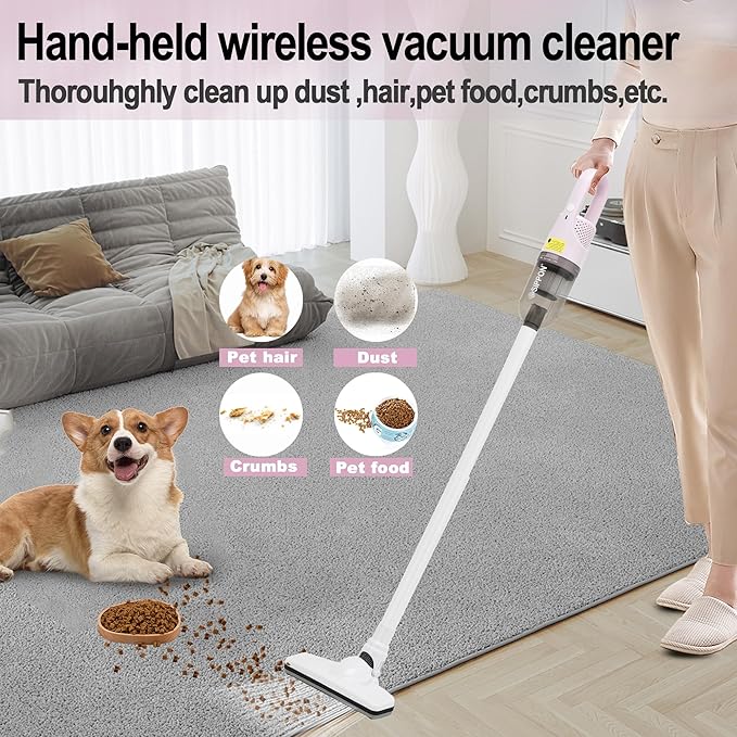 SIPPON 6-in-1 Lightweight Stick Vacuum Cleaner with 100W Powerful Motor, Mini Portable Household Handheld Vacuum Cleaner for Domestic Hard Floors, Carpets and Pet Hair(Pink Cordless with Plug)