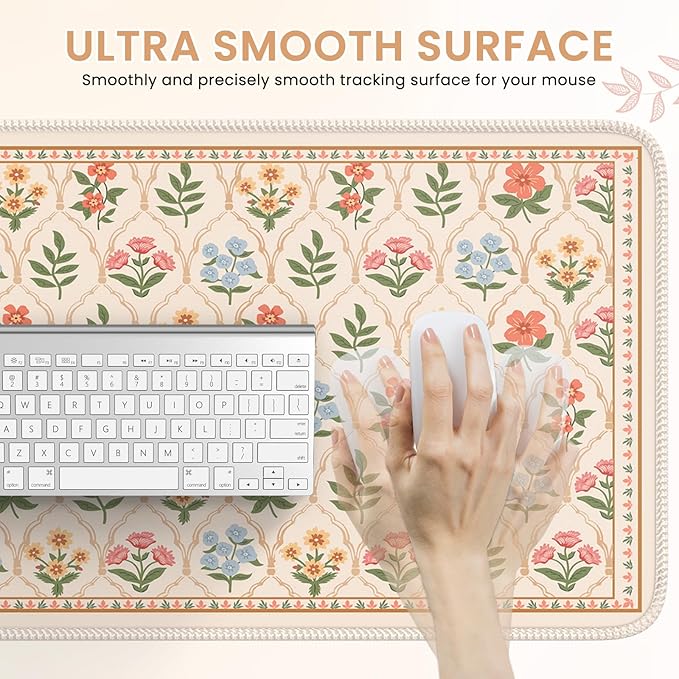 iCasso Large Mouse Pad,Floral Desk Mat,Non Slip Desk Pad,Computer Mats for Desktop, Gaming Mouse Pad 15.7X35.4 Inches,Comfortable Lycra Surface Keyboard Pad for Office Home School (Beige)