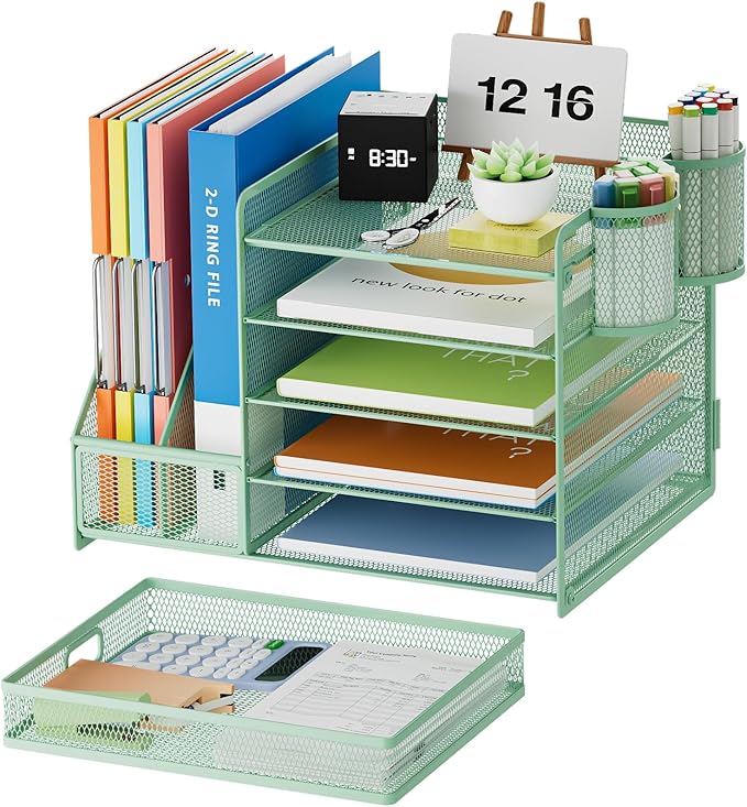 Marbrasse Desk Organizer with File Holder, 5-Tier Paper Letter Tray Organizer with Drawer and 2 Pen Holder, Mesh Desktop Organizer and Storage with Magazine Holder for Office Supplies (Green)
