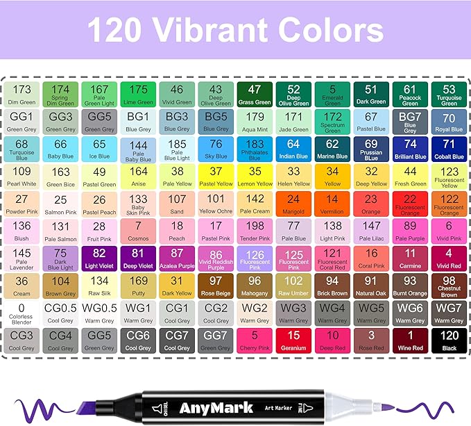 AnyMark Alcohol Markers, 120 Colors Dual Tip Art Coloring Markers Set for Kids Adult Book Drawing Sketching Painting, Chisel & Fine, Black Penholder