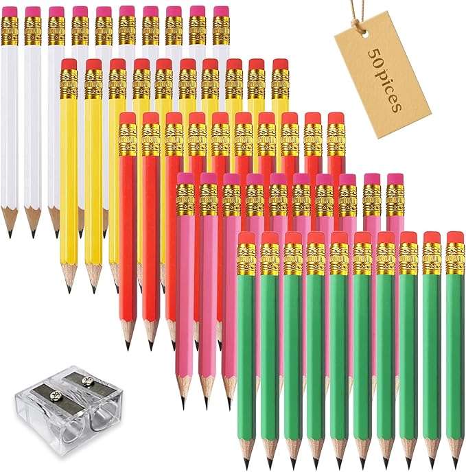 Adhere 25pcs Golf Pencils with eraser Hexagon Wooden Pencils Graphite 2B for Golf Event Scoring,Classroom,Wedding,Company Meetings,Pew, Pocket (Z- White・Pink・Red・Yellow・Light green・50pcs)