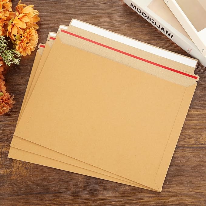 50 Pack 12.5 x 9.5 Inch Self Seal Cardboard Mailing Envelopes, 450 GSM Stay Flat Mailers for CD, Photos, Document, Pictures, Papers, Files, Brown