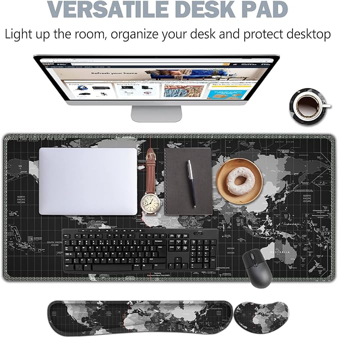 AIMSA Large Gaming Mouse Pad Set, Keyboard Wrist Rest Support Mouse Pad, Ergonomic Memory Foam Multifunctional Extended Desk Mat 35x15.7in Anti-Slip Rubber Base for Office Home, Black World Map