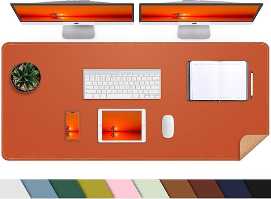 Large Desk Mat -47.2" x 17" Leather Desk Pad Protector with Natural Cork & PU Leather, Non-Slip Office Desk Mat, Double-Sided Mouse Pad, Waterproof Large Desk Pad for Office&Home (Orange)…