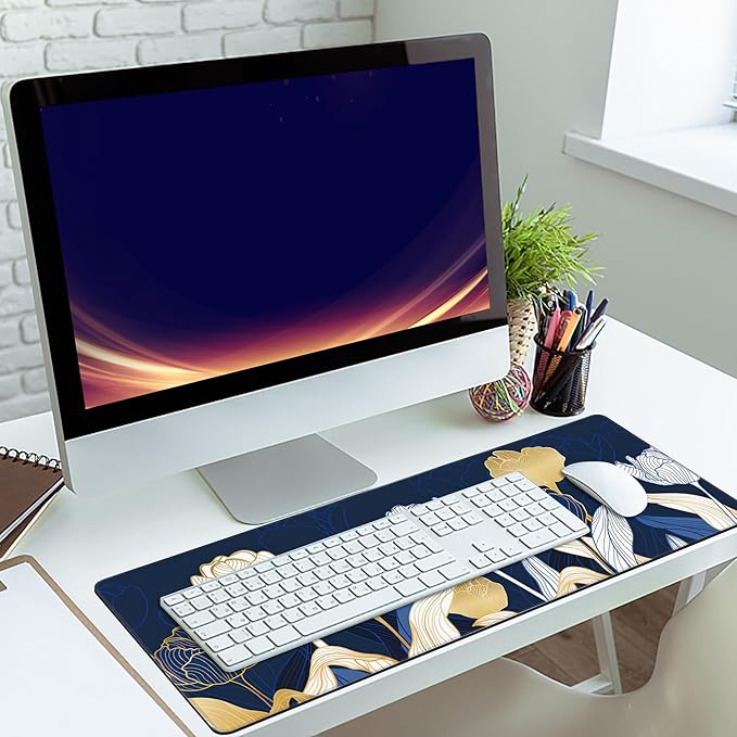 MIOAOSRT Desk Mat,Luxury Gold Tulip Flower Large Gaming Mouse Pad with Stitched Edges,Non-Slip Computer Mouse Pad for Desk,Extended XXL Keyboard and Mouse Pad 35.4x15.75 in