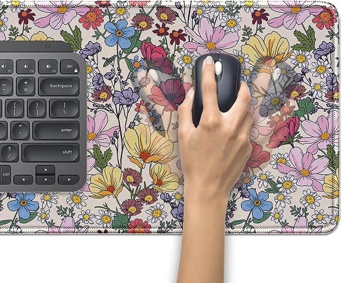 Colorful Flowers Mouse Pad,Large Floral Mousepad Desk Pad with Stitched Edges,Non-Slip Waterproof Rubber Base Mouse Mat for Office Computer Keyboard Laptop Home(27.5x11.8 in)