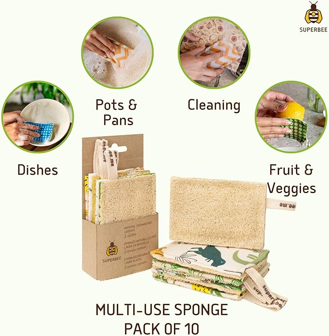 SUPERBEE Natural Kitchen Sponges 10 Pack - Plant-Based Biodegradable Loofah Dish Sponge - Eco-Friendly, Zero-Odor, Cleaning Dirty Dishes, pots, and Pans, Cleaning - Plastic-Free Sponge