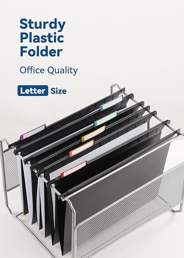 Plastic Hanging File Folders, Letter Size, 12 Pack Hanging Folders, with Insertable 1/5-Cut Tabs for Filing Cabinets - Black
