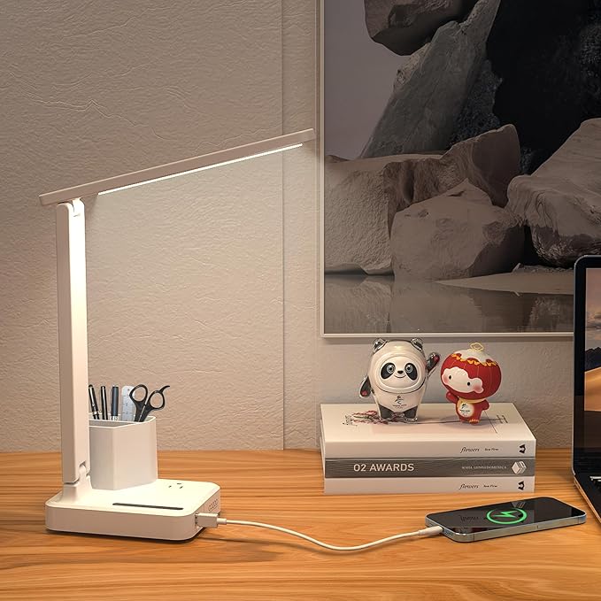 COZOO LED Desk Lamp with 2 USB Charging Ports,Type C Port,1 AC Outlet,2 Pen Holders,3 Color Temperature 3 Brightness Level,Touch/Memory/Timer,10W Eye Protection Foldable Reading Light,Study Lamp-White