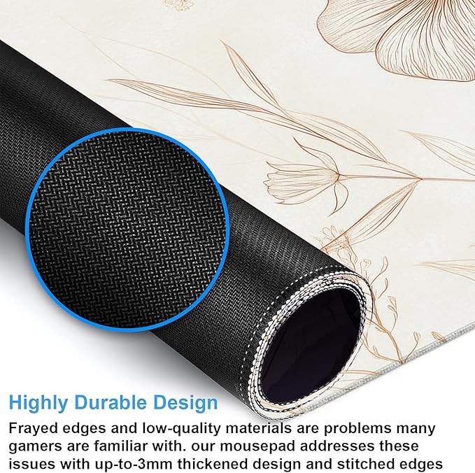 Desk Pad, Vintage Boho Line Botanical Floral XXL Gaming Mouse Pad with Stitched Edges,Non-Slip Waterproof Rubber Base Large Desk Mat for Keyboard and Mouse 35.4"x15.7"
