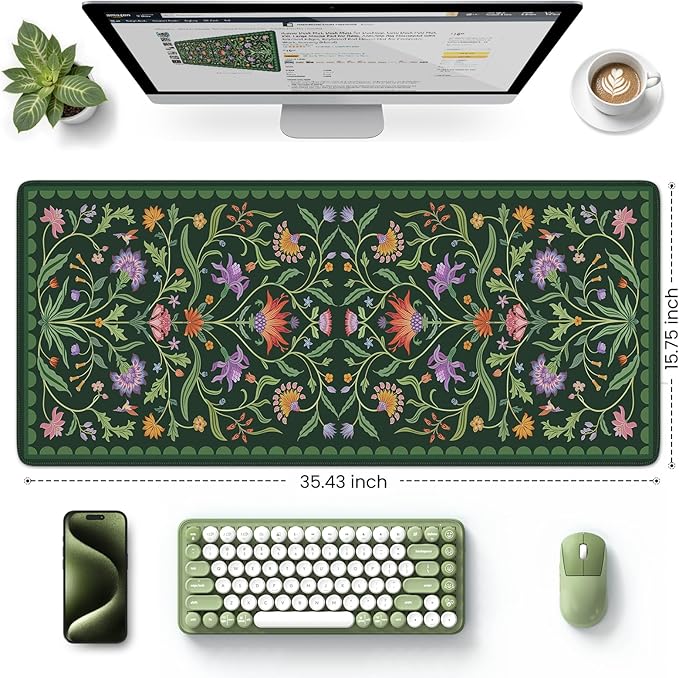 HAOCOO Moss Green Aesthetic Desk Matt for Desktop, Cute Mouse Pad, Non-Slip Vintage Keyboard Mat with Stitched Edge, Large Desk Docer Mat, Desk Cover for Home, School, Office