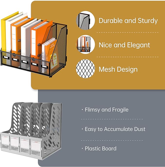 DALTACK Desk Organizers Metal Magazine File Holder with 5 Vertical Compartments Folder Storage Binder Organizer for Office Home School Organization, Black Plus