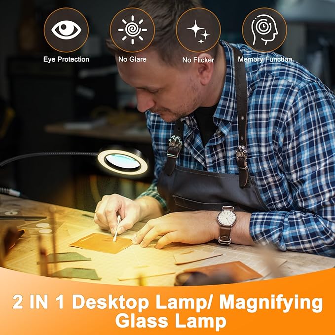 10X Magnifying Glass with Light and Timer, 2 in 1 Magnifying Desk Lamp, 3 Color Modes 10 Dimmable Brightness, Flexible Gooseneck Magnifier with Light for Craft Hobby Sewing Close Work(No Adapter)