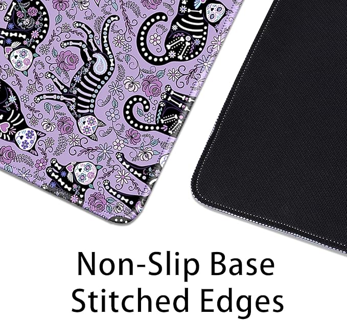 Gothic Cat Skeleton Flowers Mouse Pad,Extended Cat and Floral Mousepad Desk Pad with Stitched Edges,Non-Slip Waterproof Rubber Base Mouse Mat for Office Computer Keyboard Laptop Home(27.5x11.8 in)