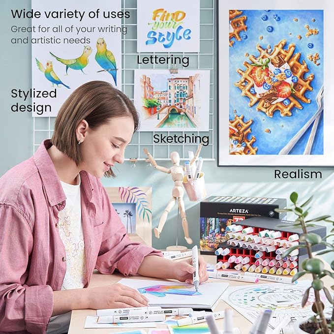 ARTEZA Art Alcohol Markers Set of 72 Colors, EverBlend Dual Tip Markers with Organizer Box, Fine and Broad Chisel Nib