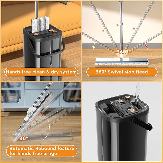SWIFTIRON Separates Dirty Water Mop, Flat Mop and Bucket for Home with 4 Extra Refills, Stainless Steel Mop and Bucket with Wringer (Black)