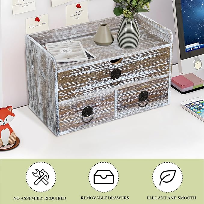 Washed Brown Wood Desk Organizer, Desktop Organizer with Drawers, Mini Tabletop Storage Organization Container for Home Office Supplies, No Assembly Required (3 Drawer and Shelf)