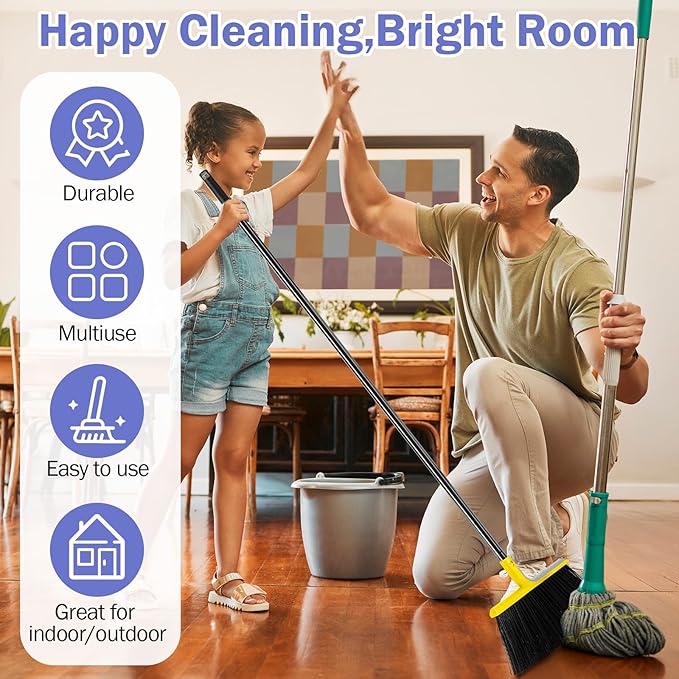 Roshtia 8 Pcs Heavy Duty Broom Set 58 Inch Outdoor Indoor Commercial Stiff Broom With Long Handle Angle Garage Concrete Outside for Sweeping Patio (Yellow)