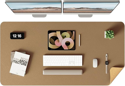 YSAGi Double-Sided Desk Mat, Eco Cork & Leather Desk Protector, Large Mouse Pad & Writing Pad for Office/Home (Khaki+Cork, 47.2" x 23.6")