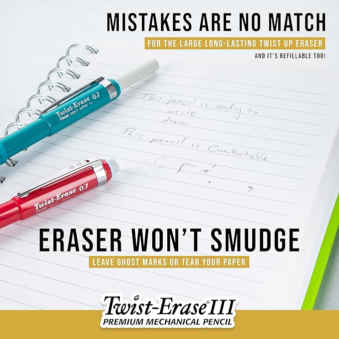 Pentel Twist-Erase III Mechanical Pencil, (0.7mm), Medium Line, Assorted Fashion Color Barrels, Pack of 4 (QE517FBP4M)