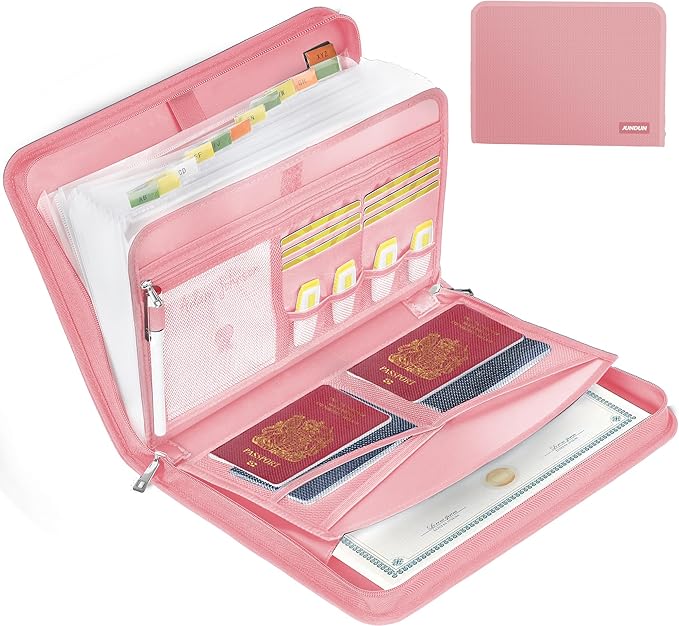 JUNDUN Accordion File Organizer - Fireproof Accordion Folder with Zipper & Labels - 12 Pocket Expanding File Folder with Multi-Pockets Paper Organizer Folder for Letter A4 Files and More (Pink)