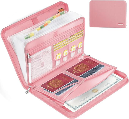 JUNDUN Accordion File Organizer - Fireproof Accordion Folder with Zipper & Labels - 12 Pocket Expanding File Folder with Multi-Pockets Paper Organizer Folder for Letter A4 Files and More (Pink)