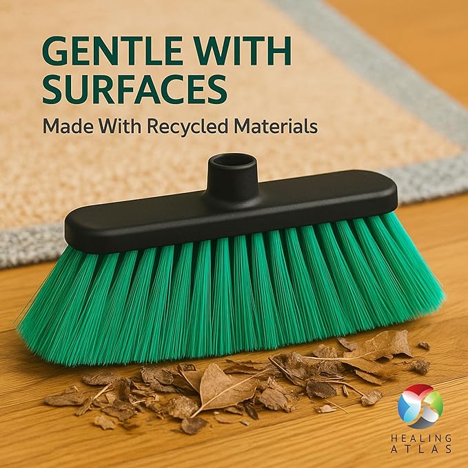 Healing Atlas Aria Green Broom Head – 13” Sweeping Width – Soft/Firm Magnetic Flagged Bristles – Universal Thread – Recycled PP – Daily Indoor Sweeper (Green, ARIA)