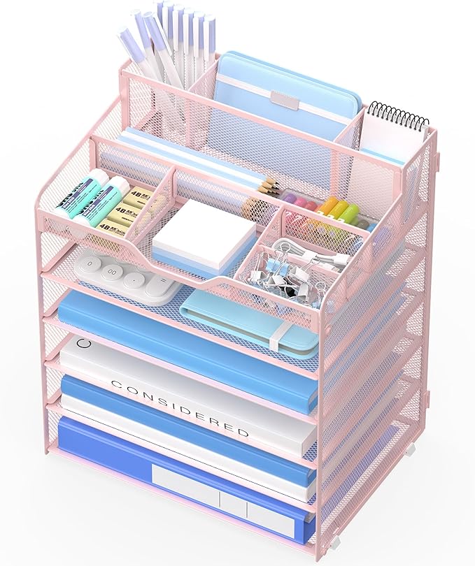 6 Tier Mesh Desk Organizer,Multi Functional Letter Paper Tray with 3 Pen Holders and 5 Adjustable Storage Compartments for Office Supplies Files and Mail Space Saving Desktop Organizer-Pink