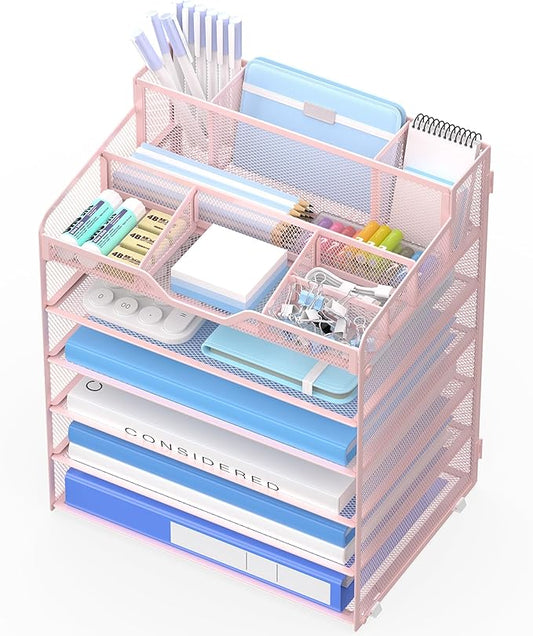 6 Tier Mesh Desk Organizer,Multi Functional Letter Paper Tray with 3 Pen Holders and 5 Adjustable Storage Compartments for Office Supplies Files and Mail Space Saving Desktop Organizer-Pink