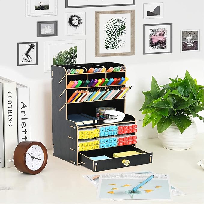 Marbrasse Wooden Desk Organizer, Multi-Functional Pen Holder, Desktop Stationary Organizer, Storage Rack for School Home Office Art Supplies (B16-Black)