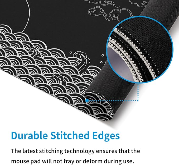 Japanese Sea Wave Gaming Mouse Pad Black Large Anime Mousepad Extended Mouse Mat 31.5''x11.8'' 3mm Thick Non-Slip Rubber Base Big Desk Pad for Office