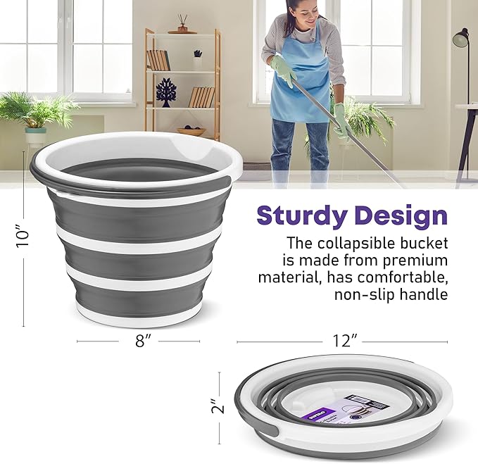 Superio Collapsible Bucket 2 Gallon Bucket with Handle Grey Car Wash Bucket Small Foldable Silicone Pail for Camping, Fishing, Cleaning, Mopping, 10 Liter
