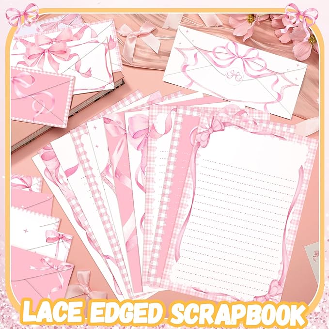 TaoBary 160 Pcs Stationery Paper Set 50 Double Sided Stationery Papers with 50 Matching Envelopes and 60 Round Dot Sticker, 10 Design(Pink Bow,8.5 x 11 Inch)